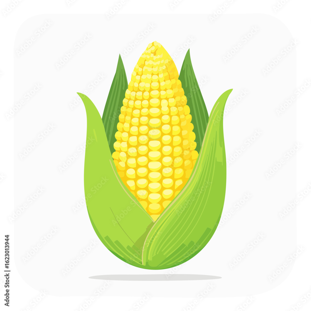 Obraz premium Illustration of a ripe corn on the cob with green husks against a white background.