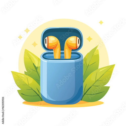 Vector of Sparkling Orange Wireless Earbuds in a Blue Case - AI Generated