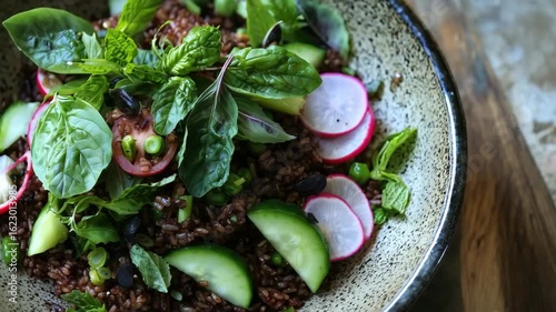 Healthy green salad with leafy vegetables and sliced radish in bowl for organic lifestyle food video