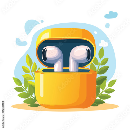 Vector Illustration of Wireless Earbuds in a Yellow Case - AI Generated