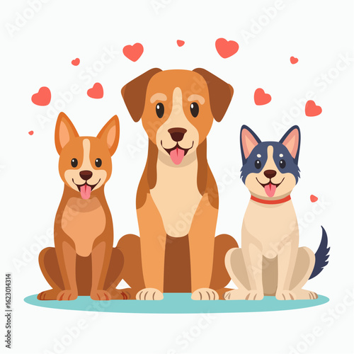Adorable canine trio surrounded by floating hearts showcasing love and companionship