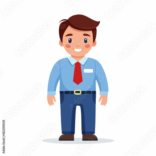 Cartoon illustration of a young man dressed in formal attire with a cheerful smile