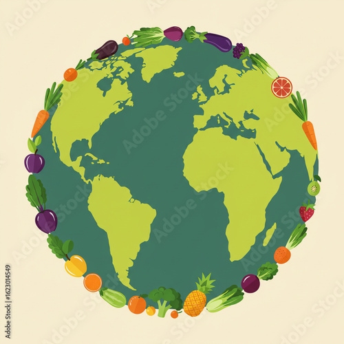 Colorful vector of Earth covered with assorted foods and fruits celebrating Global Food Awareness Day