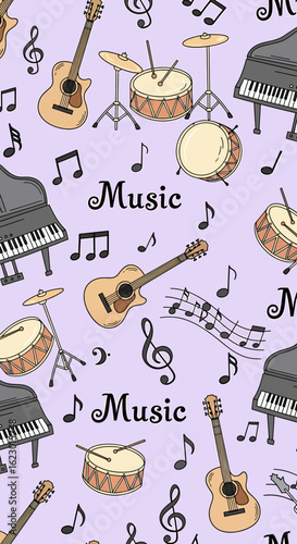 Musical Instruments and Notes Pattern on a Light Purple Background.