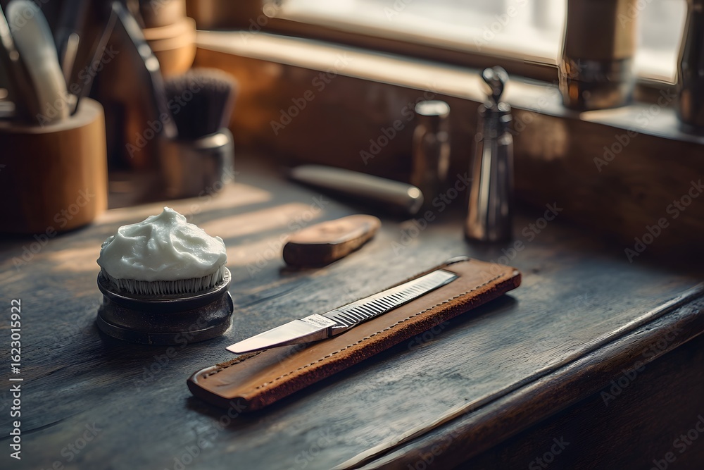 Fototapeta premium a vintage barber straight razor rests on a leather case beside shaving tools on a wooden table with foam and classic grooming charm