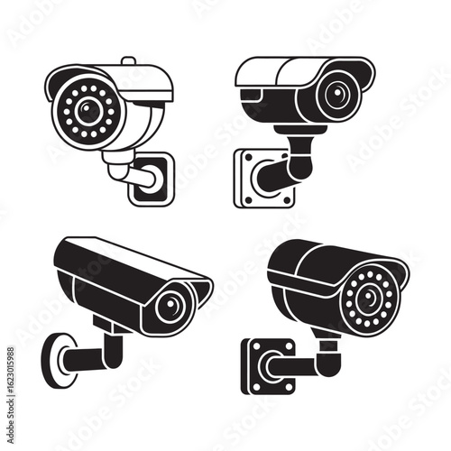 Minimal Security Camera Vector Set Featuring Clean Silhouettes of Modern CC Surveillance Cameras, Designed for Use in Monitoring Systems, Safety Signage, Digital Infographics, and Smart Home Applicati