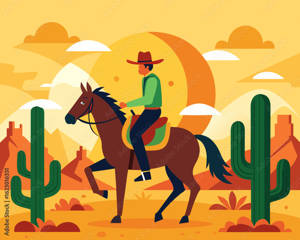 Obraz premium Wild West Cowboy Vector Collection – Hats, Horses, Guns and Desert Style