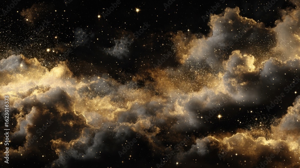 Naklejka premium Ethereal Cosmic Clouds with Stars and Golden Dust in Night Sky