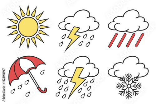 Collection of weather icons including sun, rain, storm, and snow isolated on white background