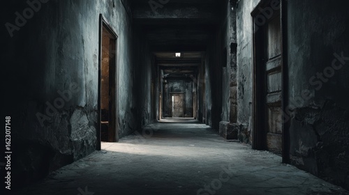 Dark Abandoned Corridor with Weathered Walls and Dim Lighting