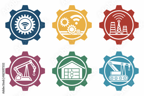 Set of industrial icons representing technology, construction, and energy sectors