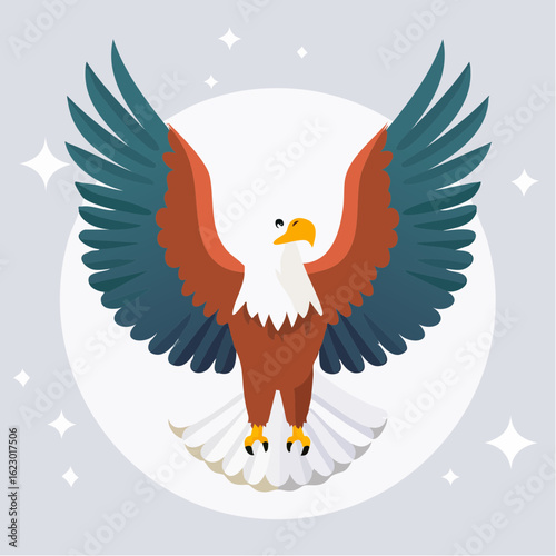 Illustration of an american bald eagle soaring with majestic wings spread open widely