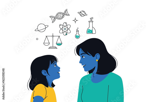 Vector illustration of mother and child looking at each other with science and education symbols floating above their heads, concept of learning and curiosity