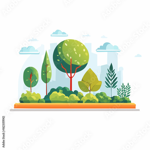 A vibrant flat design illustration of a city park with lush green trees, bushes, and stylized clouds against a soft blue sky backdrop.