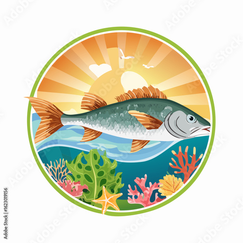 Cartoon illustration of a fish in a sea environment with sunlight and seaweed