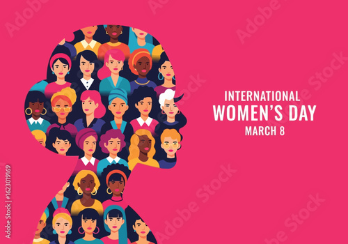 Vector illustration of international womens day celebrated with a diverse group of womens faces forming a silhouette, symbolizing unity and empowerment