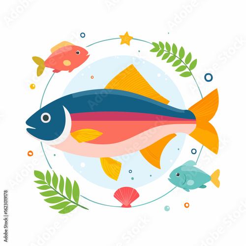 Illustration of playful fish swimming in a decorative circle with aquatic plants