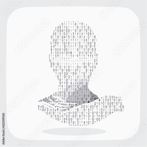 Abstract digital human head and shoulders silhouette composed of binary code on a clean white background representing data and technology concepts