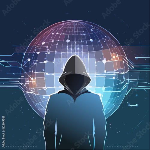 Anonymous hacker in a hoodie standing in front of a glowing digital globe with futuristic circuit patterns representing global technology and cybersecurity.