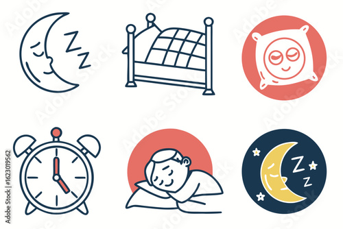 Collection of sleep and bedtime icons including moon, bed, pillow, and alarm clock