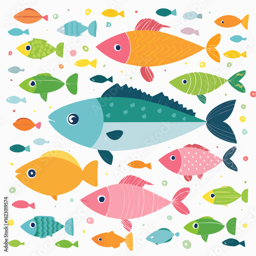 Colorful underwater world illustration featuring various fish species swimming together in harmony