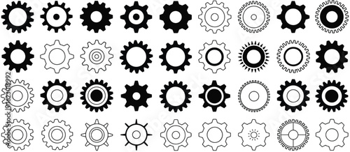  Gear Vector Collection, Black Gear Icons in Various Styles for Use in Engineering Graphics, Manufacturing Concepts, Tech Interfaces, and Mechanical System Designs