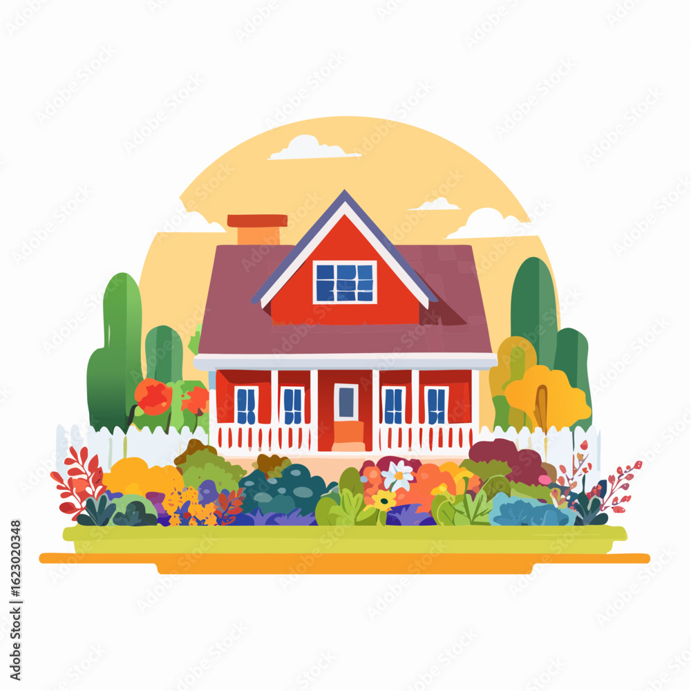 Naklejka premium Charming red house with a vibrant garden and white picket fence set against a warm, hazy sky with fluffy clouds.