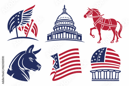 Collection of american political and patriotic symbols isolated on white background