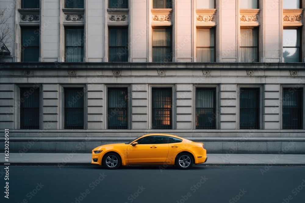 Obraz premium Vibrant yellow car parked against classic architecture, showcasi