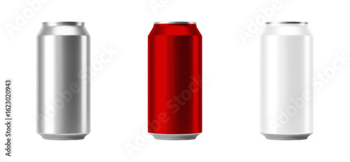 Cola soda aluminum drink can mockup transparent PNG cutout set bundle, isolated background.Basic gray, red, white color, standard 12 oz size
