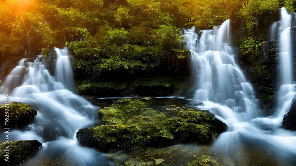 Fototapeta premium An enchanting autumn waterfall cascades over mossy rocks in a vibrant green forest landscape