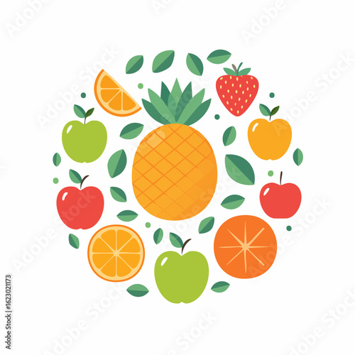 A vibrant circular arrangement of diverse colorful fruits and fresh green leaves on white background