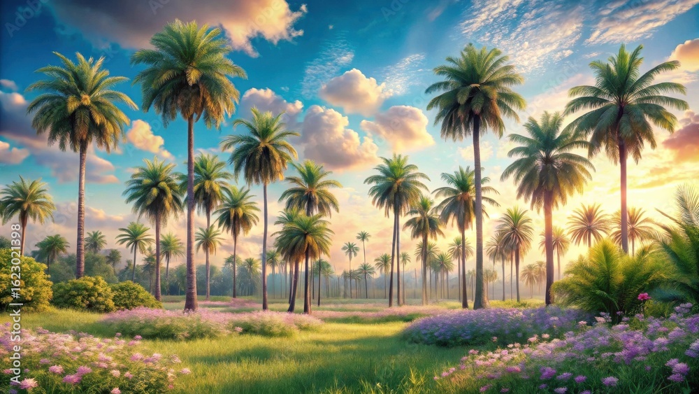 Serene Sunset Over a Lush Tropical Meadow with Towering Palm Trees Serene Sunset Over a Lush Tropical Meadow with Towering Palm Trees