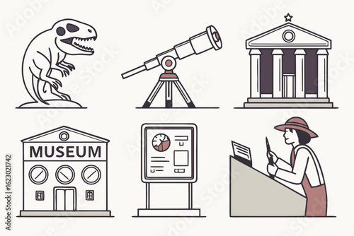 Collection of museum and science icons isolated on white background