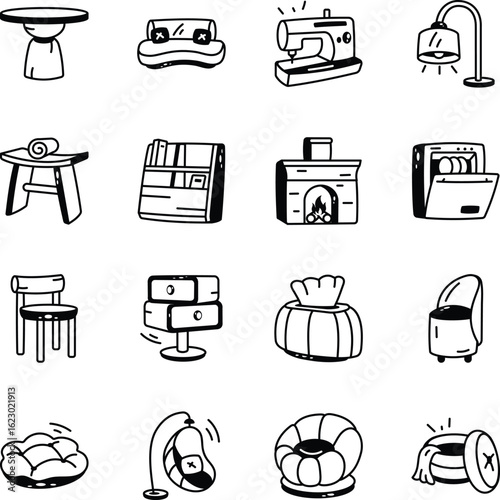 Set of Home Furniture Doodle Style Icons 

