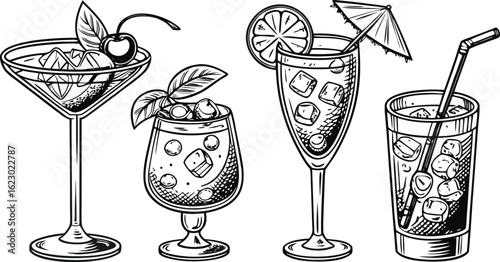Flat vector drink is sitting in glass with ice, citrus slices, garnishes on transparent background. a detailed vintage-style vector illustration of assorted cocktail and drink glasses. 