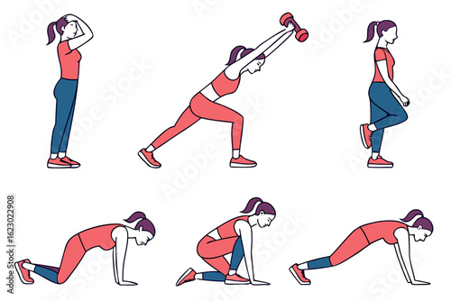 Woman performing various fitness exercises isolated on white background