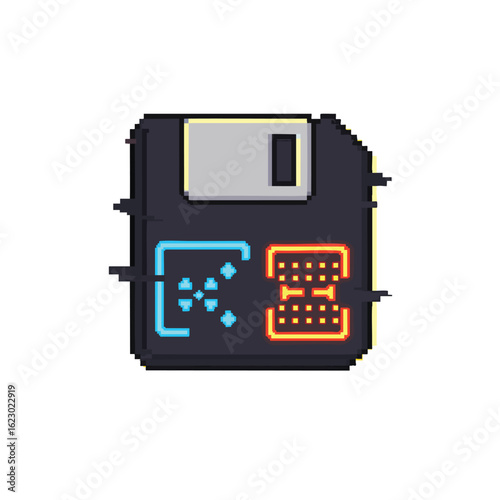 Pixel art floppy disk with a digital loading icon