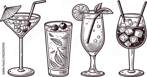 Flat vector drink is sitting in glass with ice, citrus slices, garnishes on transparent background. a detailed vintage-style vector illustration of assorted cocktail and drink glasses. 