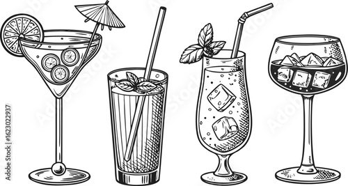 Flat vector drink is sitting in glass with ice, citrus slices, garnishes on transparent background. a detailed vintage-style vector illustration of assorted cocktail and drink glasses. 