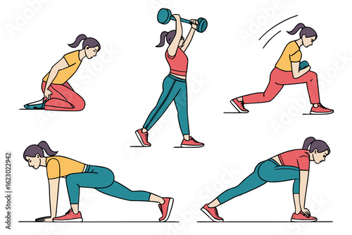 Woman performing various fitness exercises isolated on white background