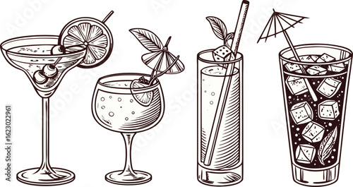 Flat vector drink is sitting in glass with ice, citrus slices, garnishes on transparent background. a detailed vintage-style vector illustration of assorted cocktail and drink glasses. 