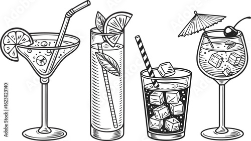 Flat vector drink is sitting in glass with ice, citrus slices, garnishes on transparent background. a detailed vintage-style vector illustration of assorted cocktail and drink glasses. 