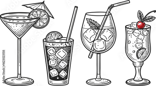 Flat vector drink is sitting in glass with ice, citrus slices, garnishes on transparent background. a detailed vintage-style vector illustration of assorted cocktail and drink glasses. 