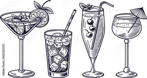 Flat vector drink is sitting in glass with ice, citrus slices, garnishes on transparent background. a detailed vintage-style vector illustration of assorted cocktail and drink glasses. 