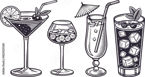 Flat vector drink is sitting in glass with ice, citrus slices, garnishes on transparent background. a detailed vintage-style vector illustration of assorted cocktail and drink glasses. 