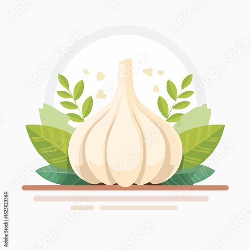 Artistic depiction of a garlic bulb surrounded by lush green leaves and soft background