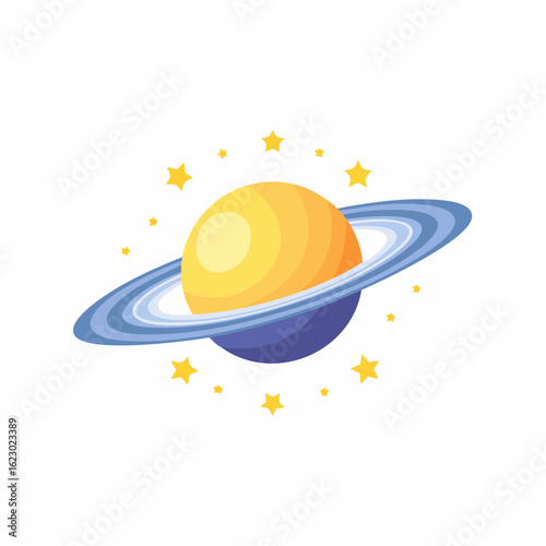 Cartoon Saturn with Rings and Stars Floating in Space Illustration for Children