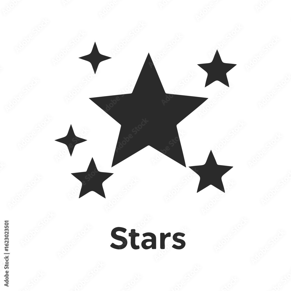 Obraz premium Black star icons on white background with the word 'stars' below