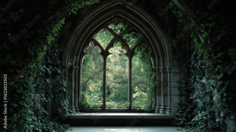 Fototapeta premium Arched Stone Window Framed by Lush Greenery in Abandoned Setting